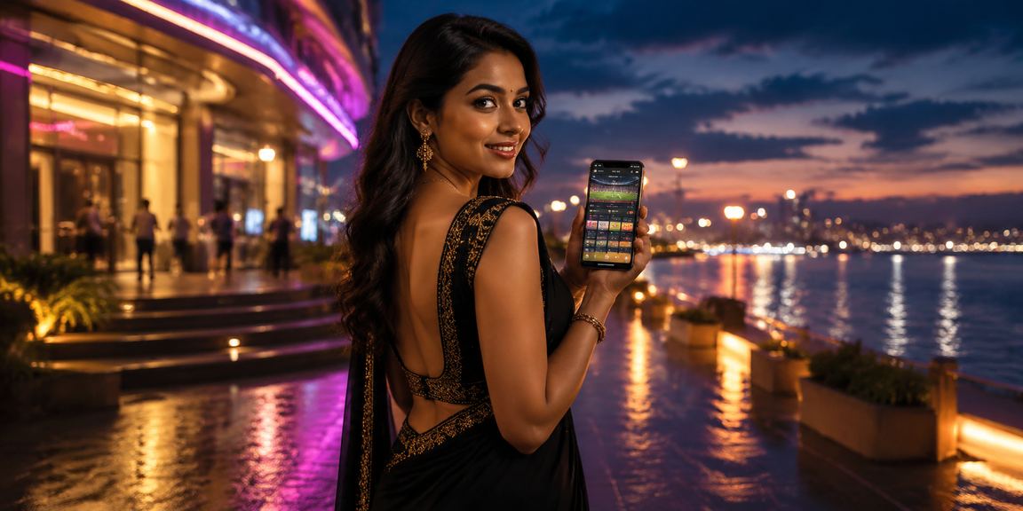 User playing Teen Patti casino game on mobile device at Chennai Marina Beach