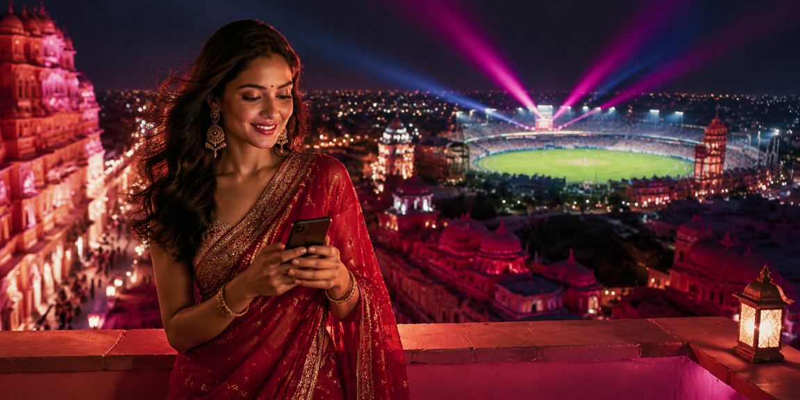 Woman in traditional saree placing cricket bets on hdhd4u from Jaipur